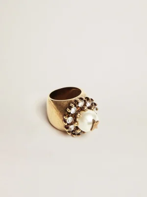 Best Sale Anel feminino na cor ouro velho com pérola e cristais decorativos MULHER Joias