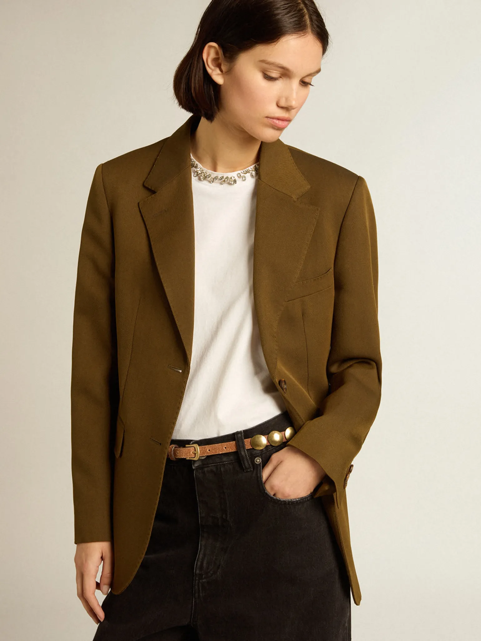 Discount Blazer de abotoamento simples de lã cor de faia com botões de chifre MULHER Casacos e blusões