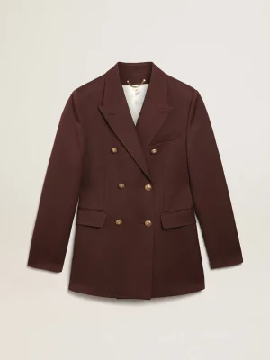 Cheap Blazer feminino de abotoamento duplo de gabardine de lã cor café MULHER Blazers