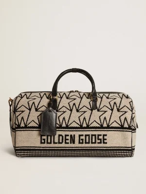 Hot Bolsa de viagem masculina de lã jacquard branco-leite e escrita preta Bolsas de viagem