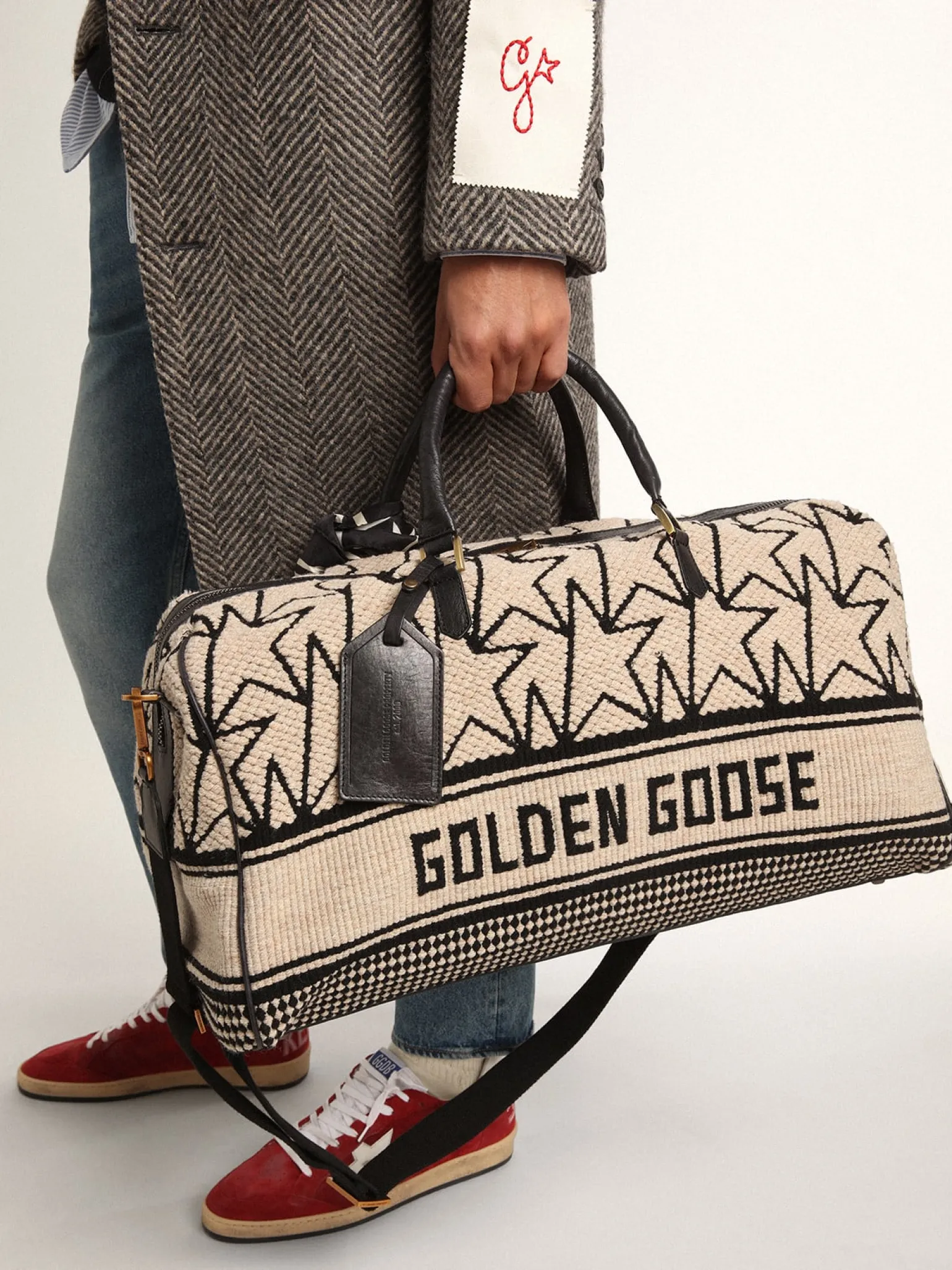 Hot Bolsa de viagem masculina de lã jacquard branco-leite e escrita preta Bolsas de viagem