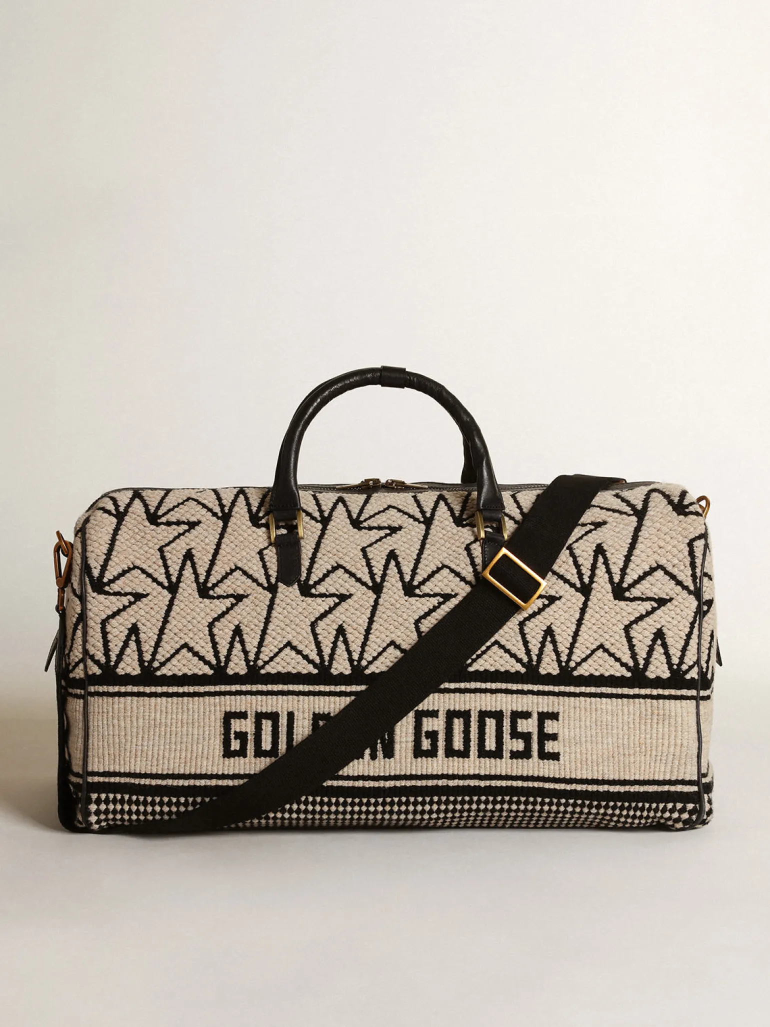 Hot Bolsa de viagem masculina de lã jacquard branco-leite e escrita preta Bolsas de viagem