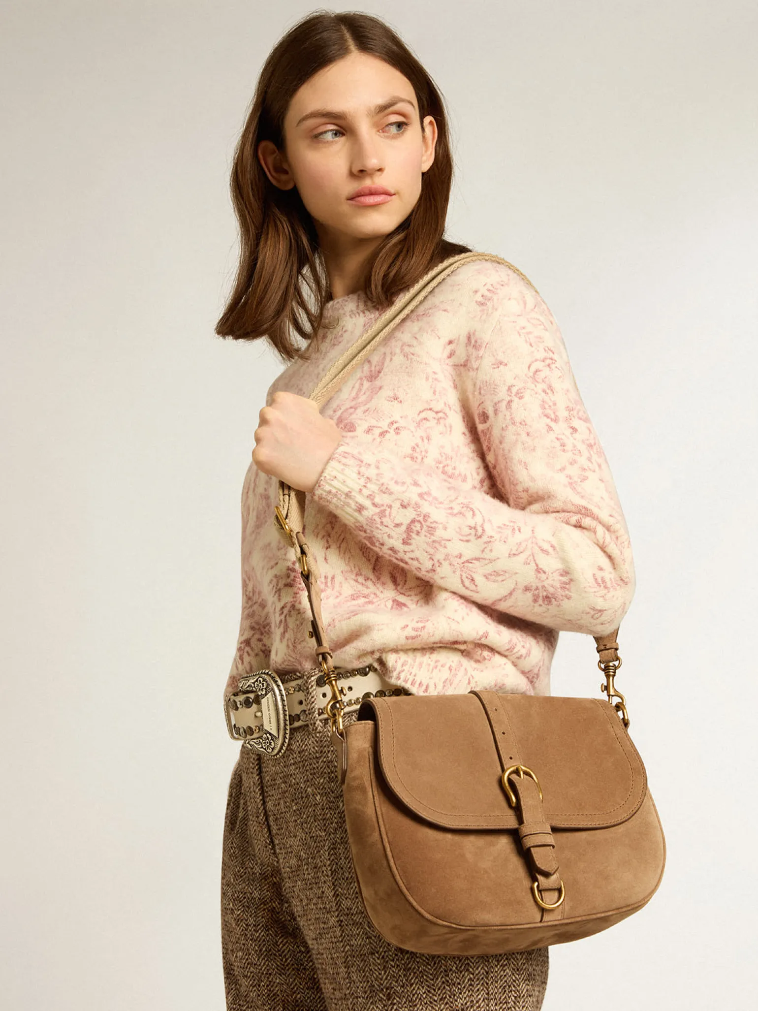 Discount Bolsa Sally média de suede cinza com fivela e alça de ombro em contraste MULHER Bolsas tiracolo