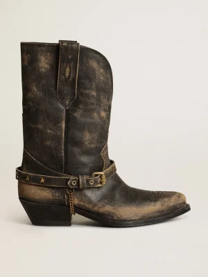 Cheap Bota de cano baixo feminina de couro preto brilhante com corrente MULHER Botas