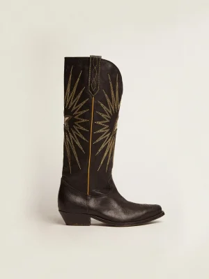 Cheap Bota Feminina de couro preto com estrela platina recortada MULHER Botas