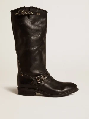 Store Botas Biker de cano alto de couro preto com tachas e fivelas prateadas MULHER Botas