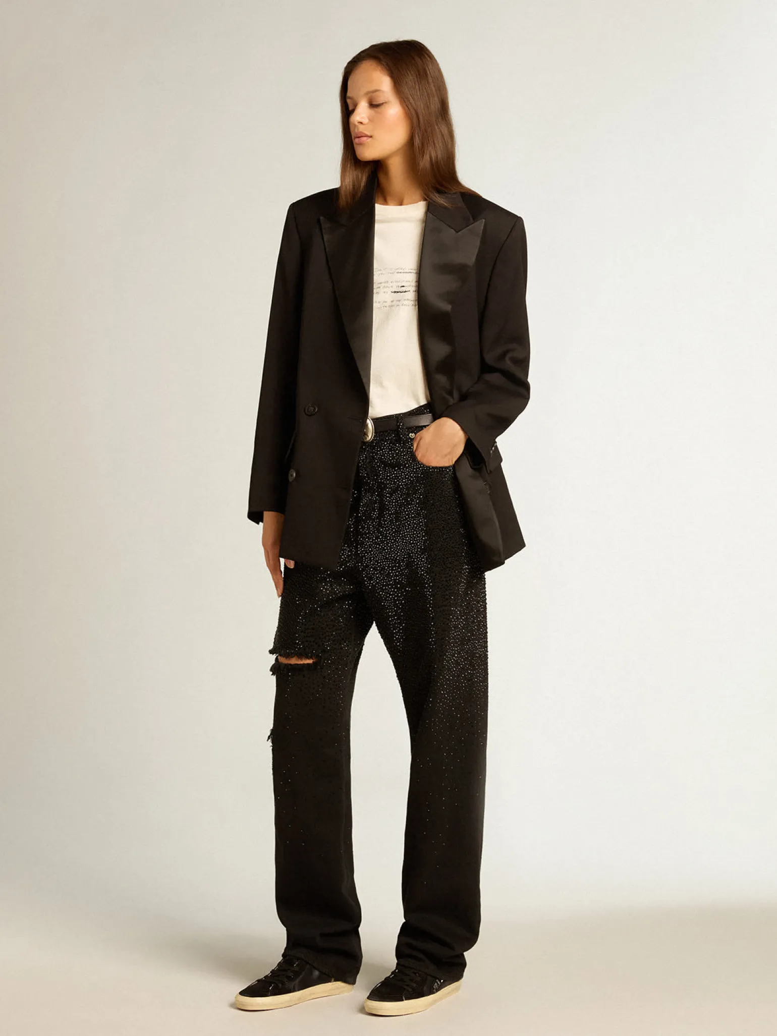 Cheap Calça feminina de jeans de algodão e cristais aplicados com efeito degradê MULHER Jeans e calças