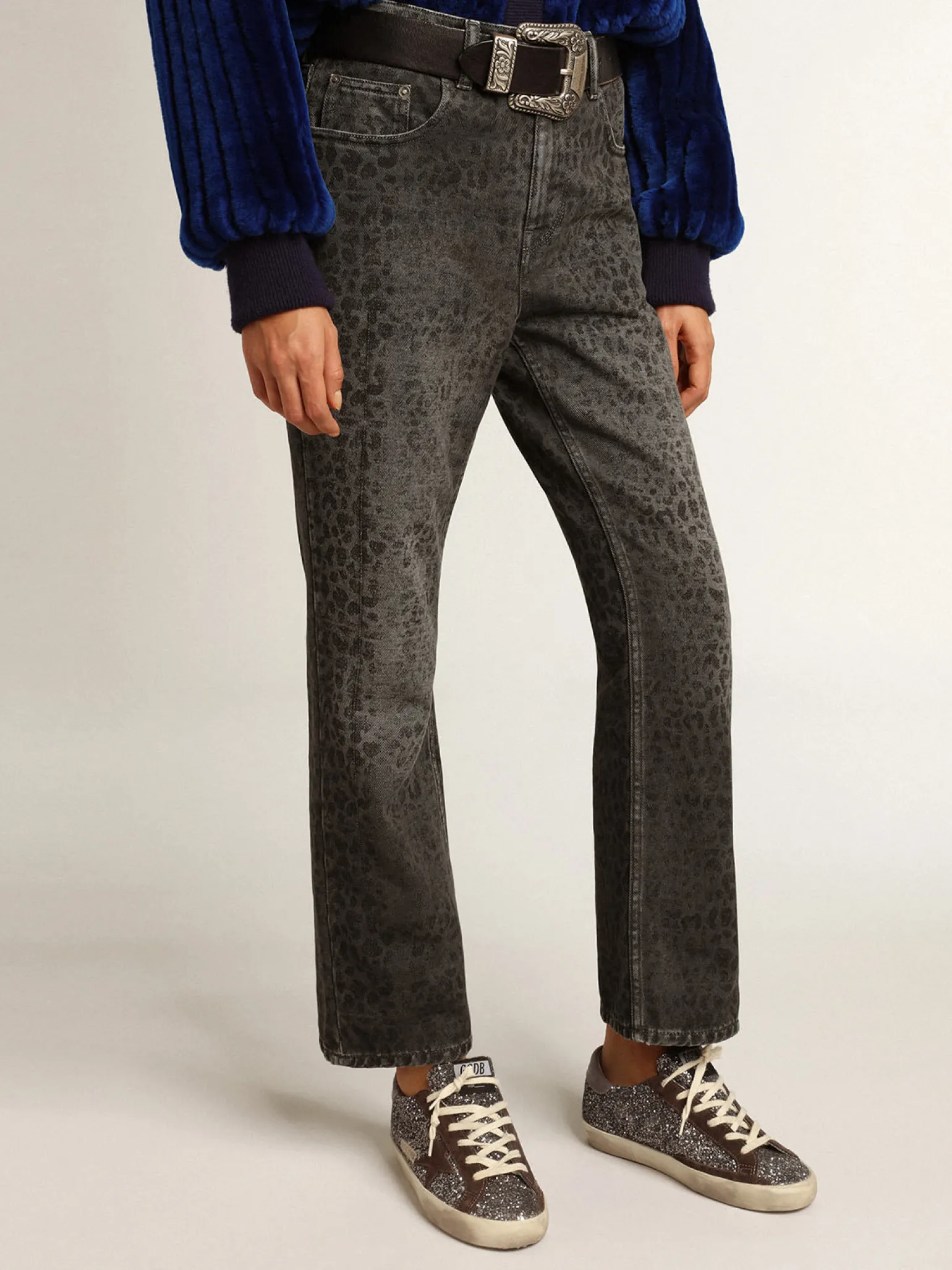 Flash Sale Calça jeans cinza feminina com estampa de leopardo MULHER Jeans e calças