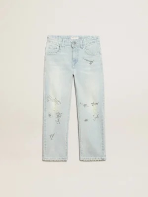 Sale Calça jeans desbotada infantil masculina com tratamento desgastado Bottoms (4-12 years)