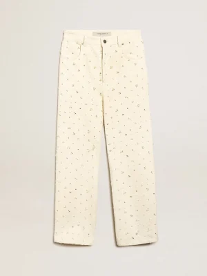 Online Calça jeans Kim Coleção Journey de algodão branco sujo com motivos de losangos e aplicação de pérolas e cristais MULHER Jeans e calças
