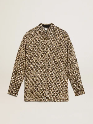Outlet Camisa boyfriend feminina com estampa animal print e fio coupé dourado MULHER Camisas