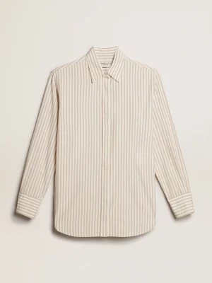Sale Camisa branca feminina de algodão com estampa de listras bege MULHER Camisas