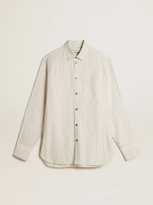 Clearance Camisa branca masculina de viscose com estampa de listras finas pretas Camisas