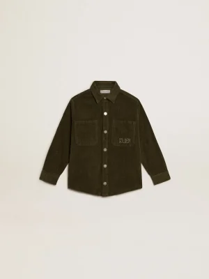 Clearance Camisa infantil masculina verde escura de algodão efeito aveludado Roupas de cima (4-12 years)