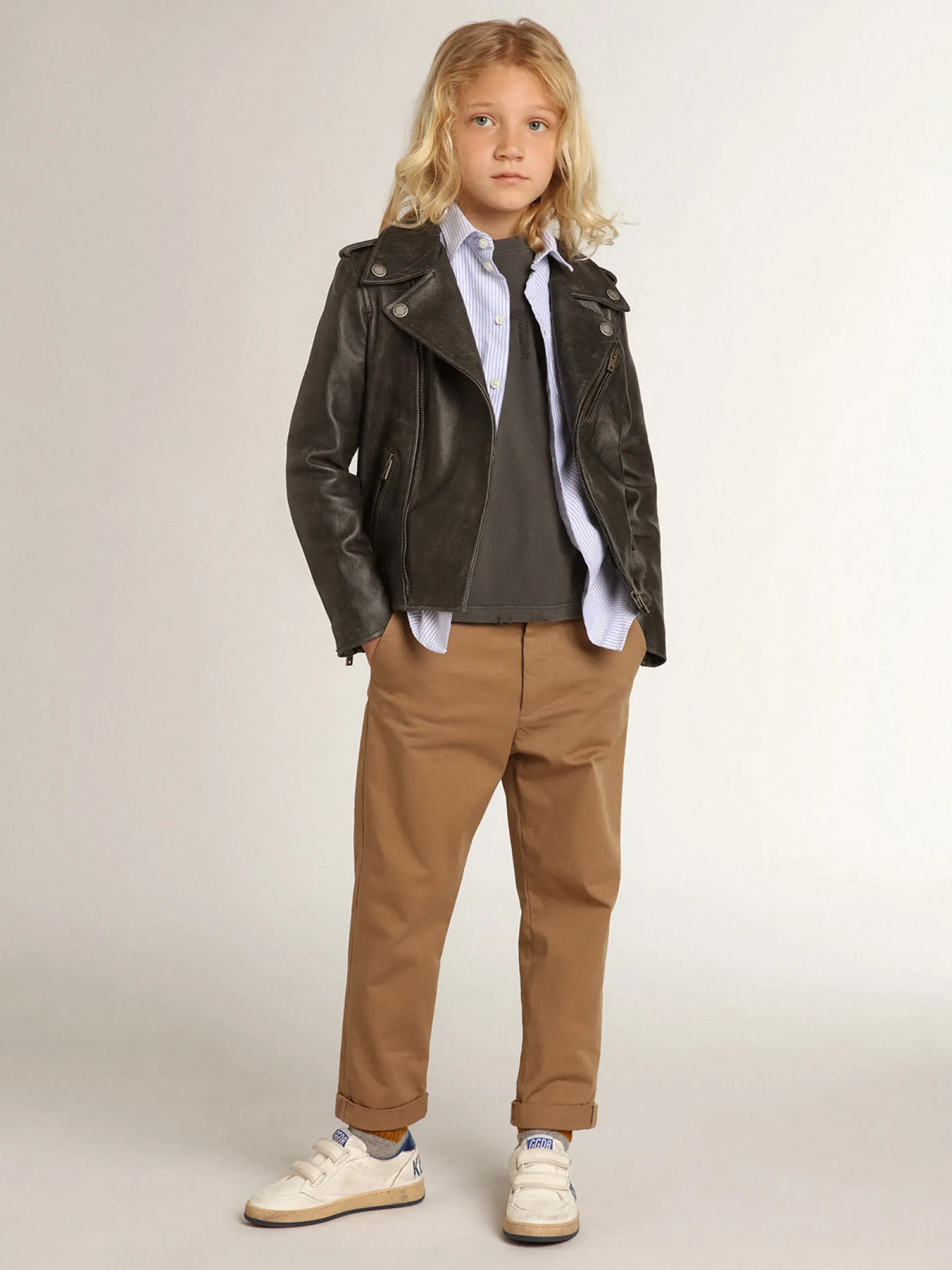 New Camisa infantil masculina com listras azuis Roupas de cima (4-12 years)