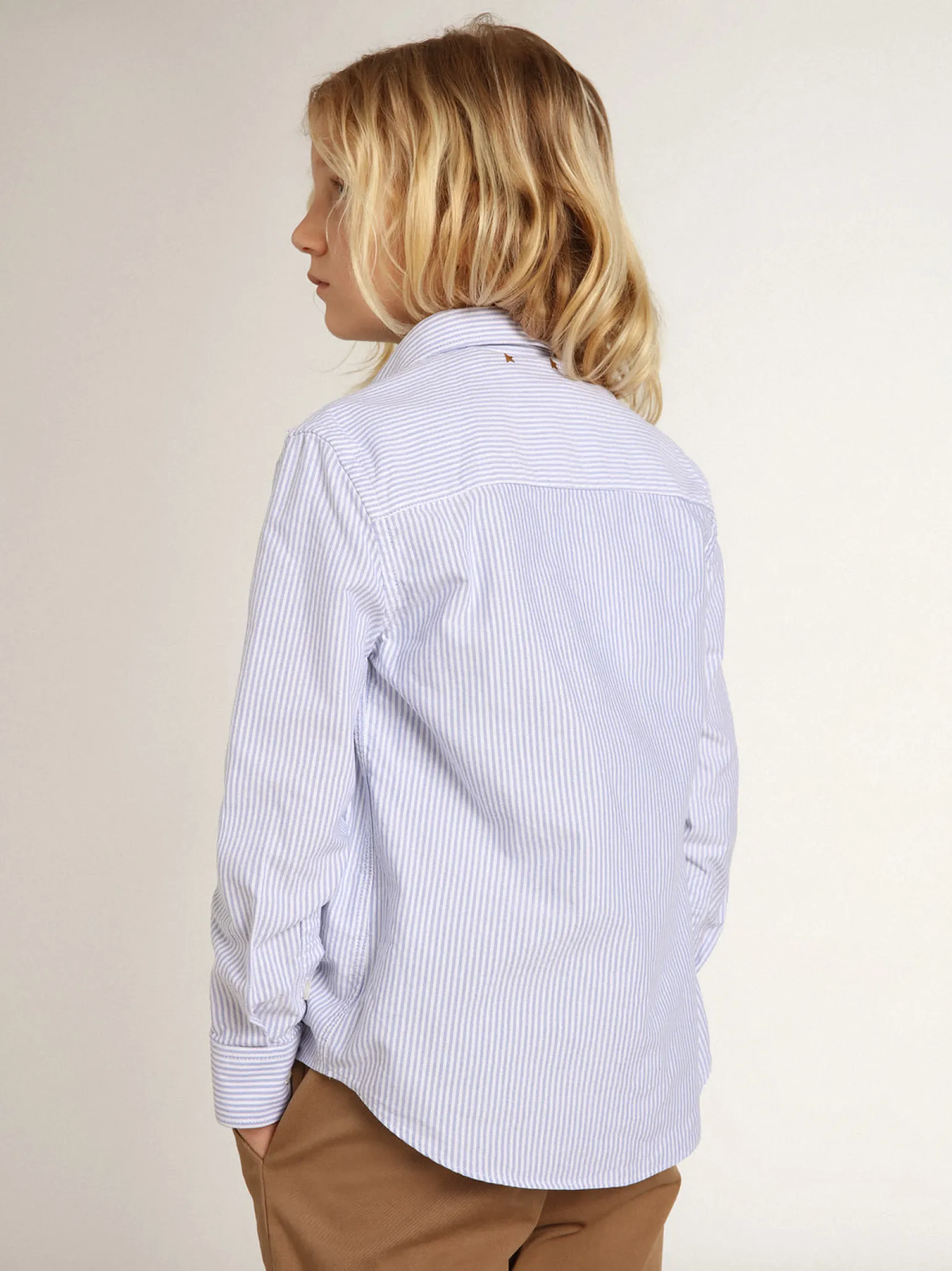 New Camisa infantil masculina com listras azuis Roupas de cima (4-12 years)