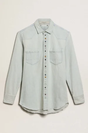 Best Sale Camisa jeans masculina desbotada com tachas marteladas Camisas