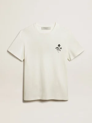 Fashion Camiseta de algodão branco com flor estampada na frente Beachwear | Camisetas