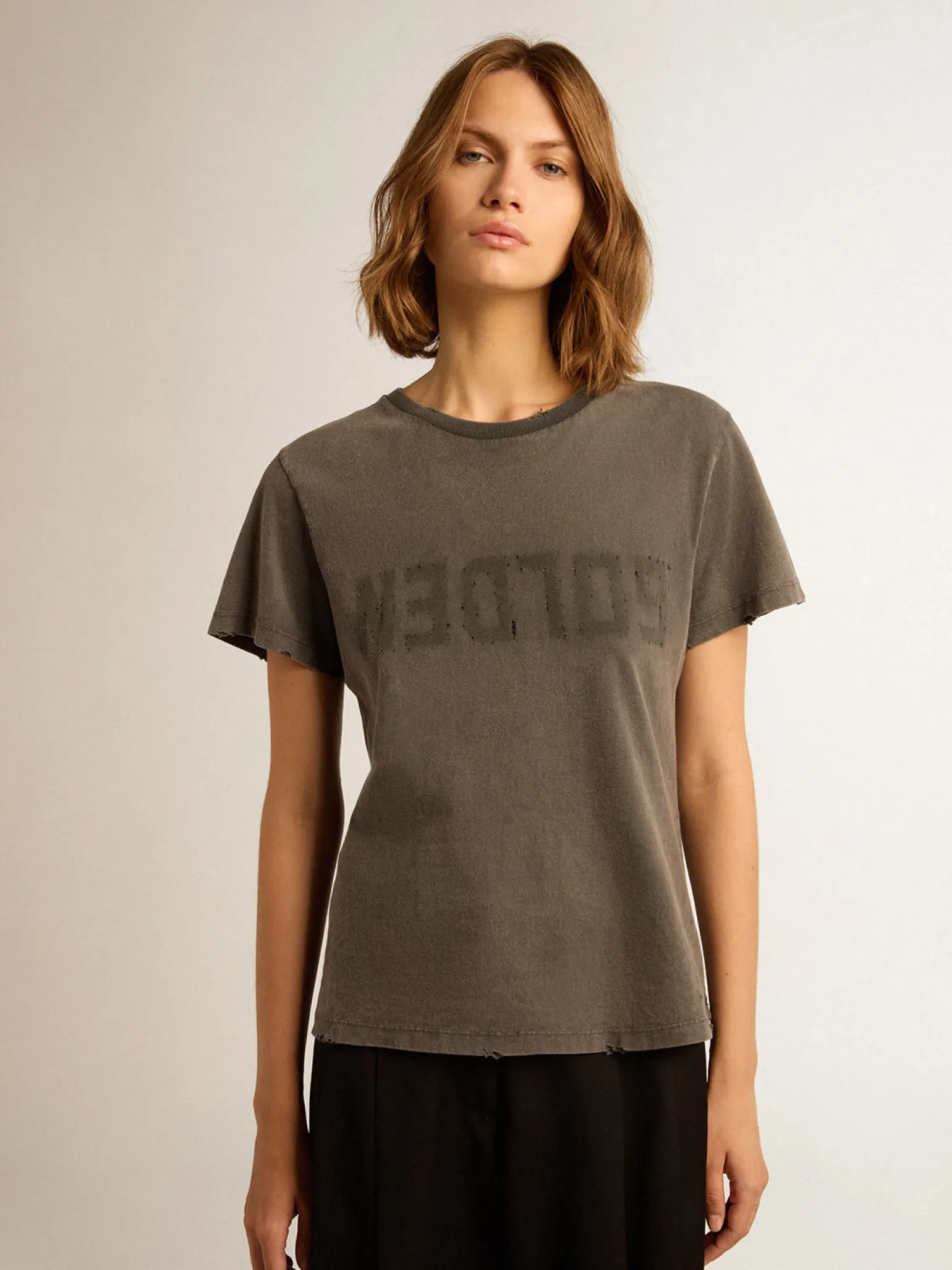 Hot Camiseta de caimento slim cinza antracite com tratamento desgastado MULHER Camisetas