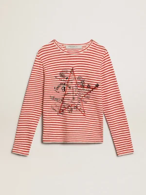 Store Camiseta feminina com listras brancas e vermelhas e bordado na frente MULHER Camisetas