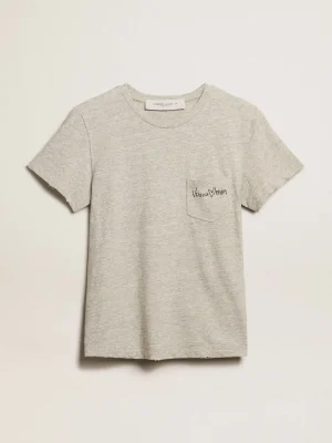 Discount Camiseta feminina de algodão cinza mescla com escrita bordada MULHER Camisetas