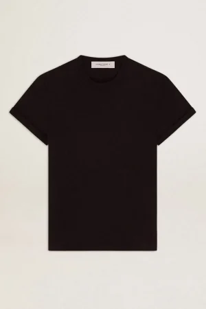 Hot Camiseta feminina preta de caimento reto com tratamento desgastado MULHER Camisetas
