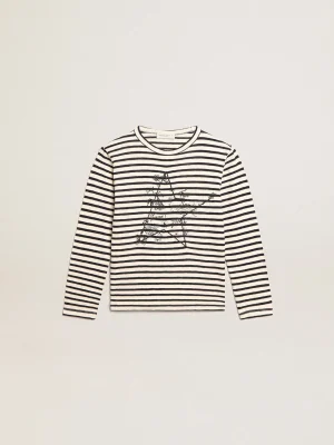 Flash Sale Camiseta infantil masculina com listras brancas e azuis e bordado Roupas de cima (4-12 years)