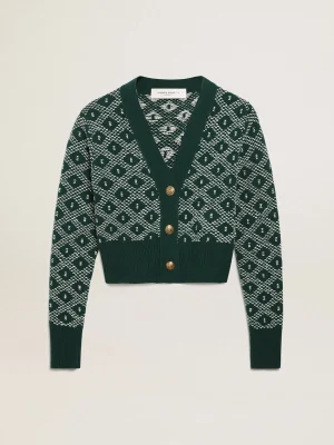 Cheap Cardigã cropped feminino com jacquard em losangos verde e branco MULHER Malhas