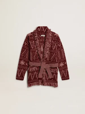 Online Cardigã infantil feminino com cinto e estampa fair isle bordô Roupas de cima (4-12 years)