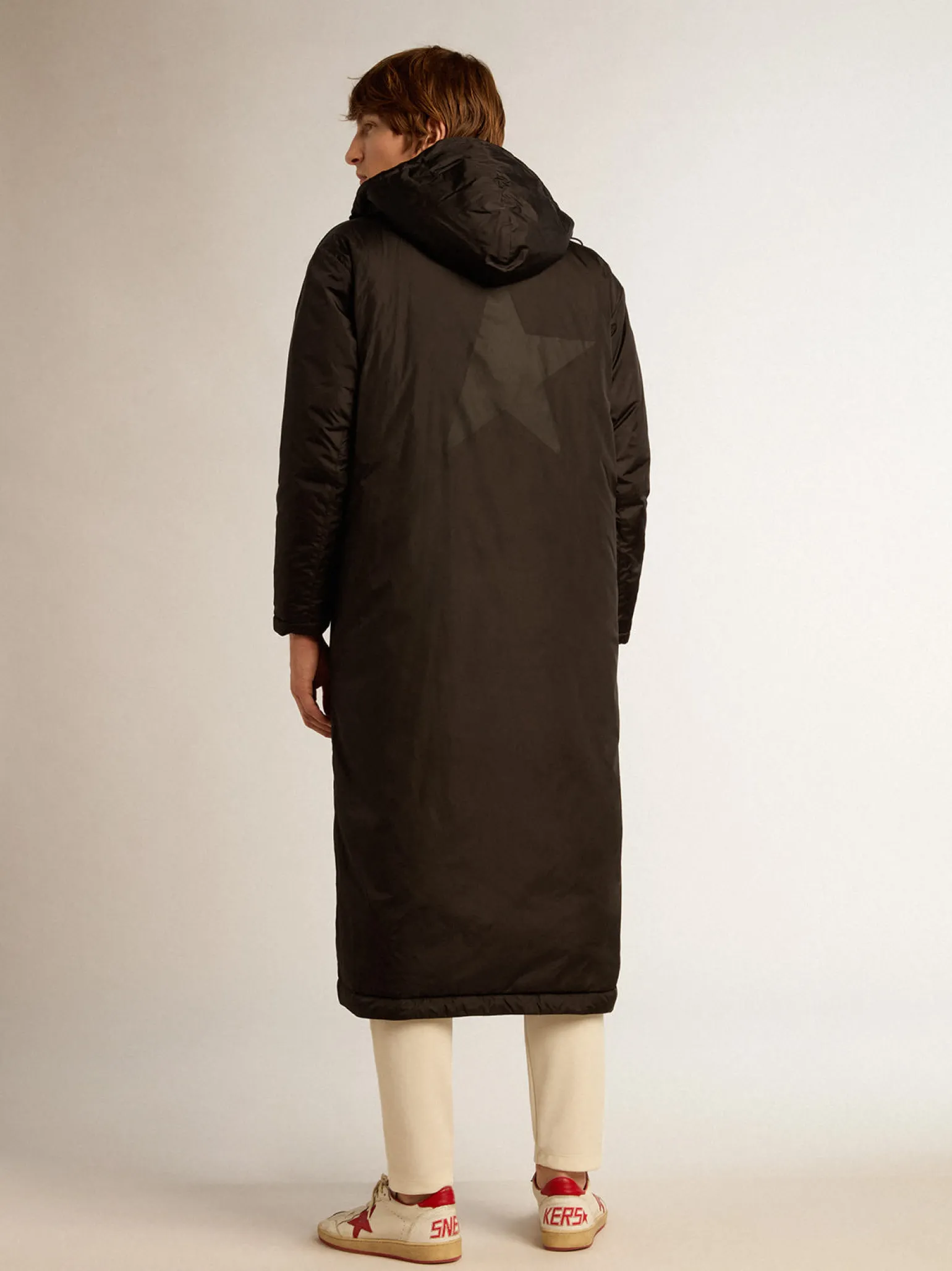 Cheap Casaco acolchoado longo masculino Coleção Star preto com capuz Casacos e blusões