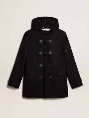 Outlet Casaco Duffle de lã azul-escura com capuz e fecho de sapo Casacos e blusões