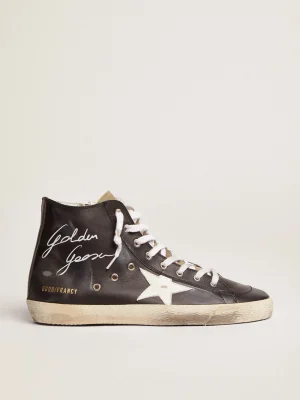 Fashion Francis feminino com cabedal de couro preto e estrela branca MULHER Francy