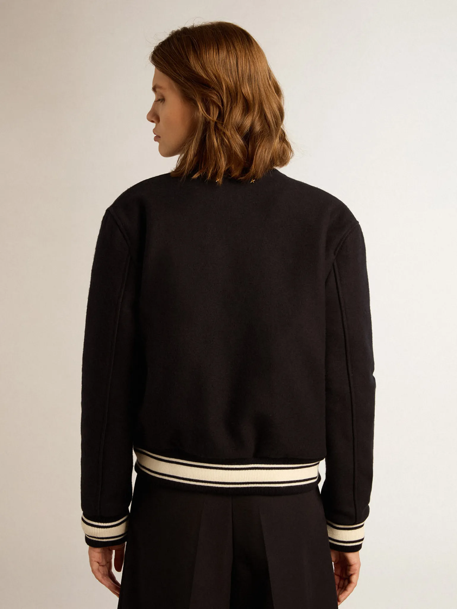 Best Jaqueta bomber feminina de lã azul-escura com detalhes brancos MULHER Casacos e blusões