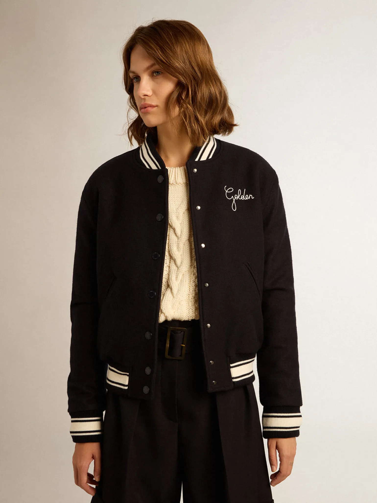 Best Jaqueta bomber feminina de lã azul-escura com detalhes brancos MULHER Casacos e blusões