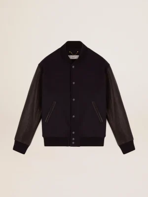 Shop Jaqueta bomber masculina de lã azul-escura e mangas de couro Casacos e blusões