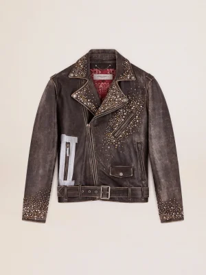 Clearance Jaqueta de couro masculina com tachas marteladas e fita aplicada Casacos e blusões