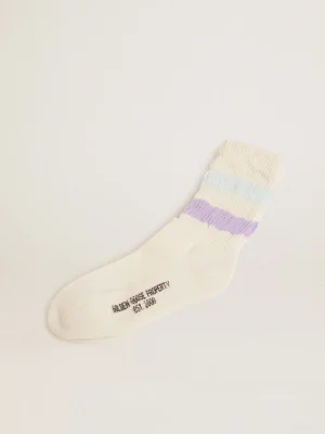 Store Meias brancas com tratamento desgastado com listras lilás e azul bebê MULHER Meias | Meias