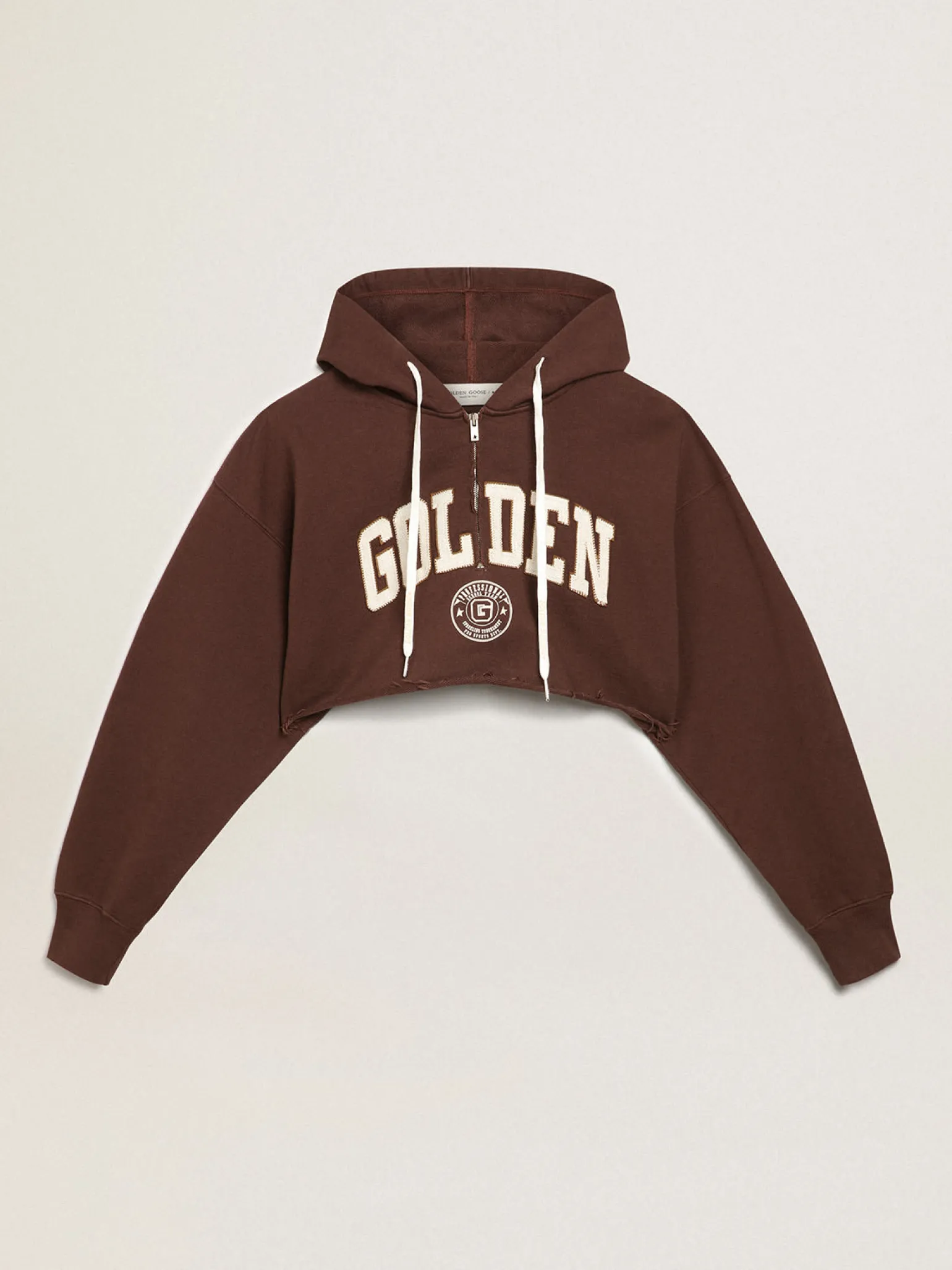Sale Moletom cropped com capuz Coleção Journey na cor marrom castanha com inscrição Golden branca em contraste MULHER Moletons