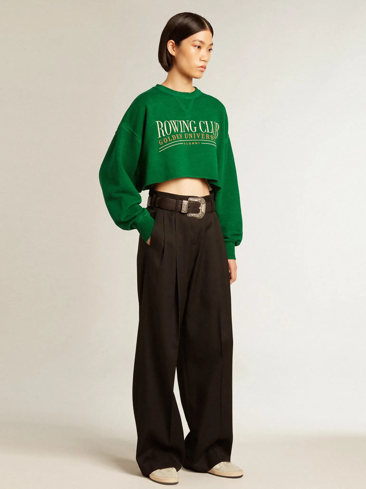 Shop Moletom cropped de gola redonda de algodão verde MULHER Moletons
