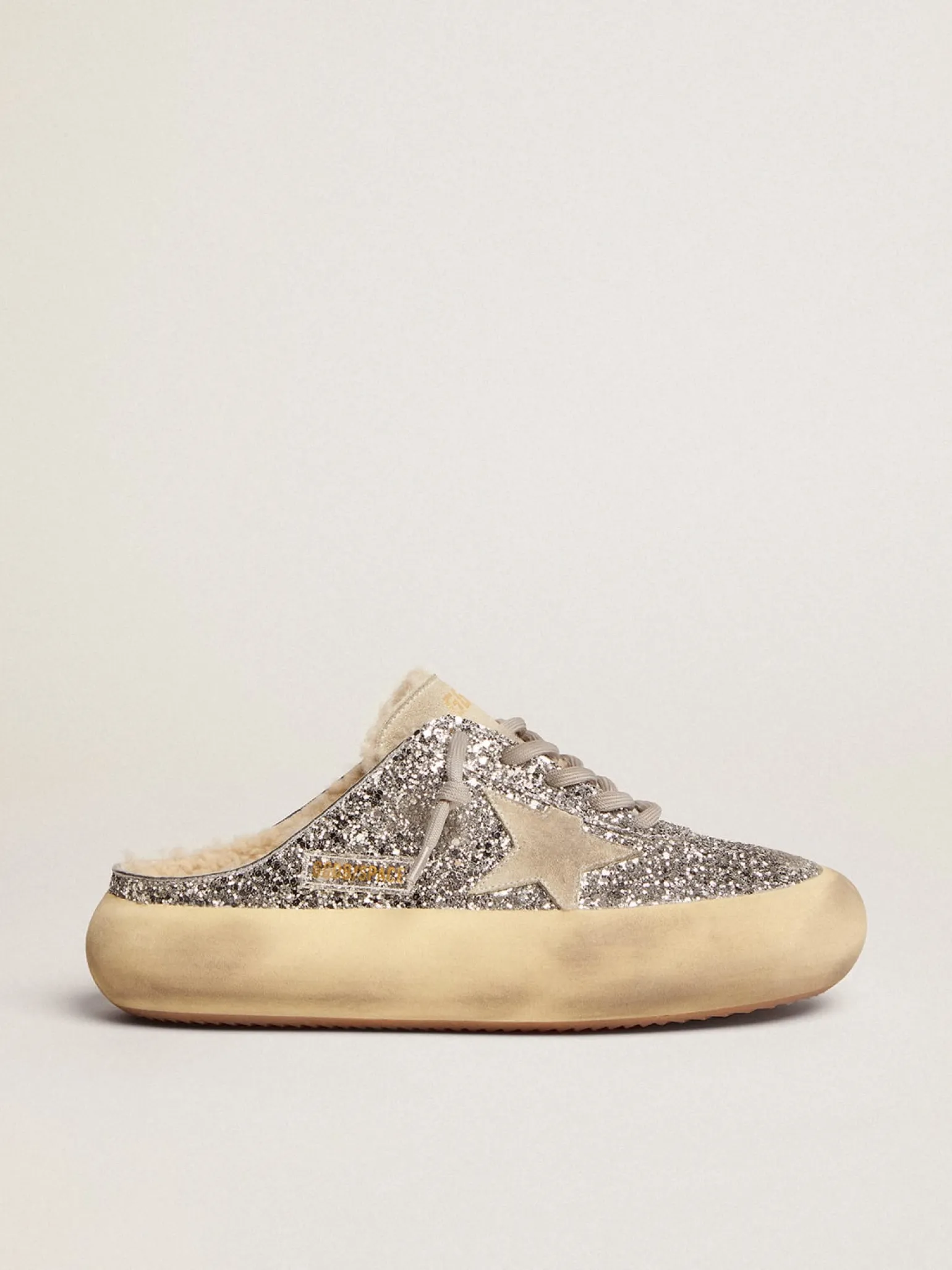 Fashion Mule Space-Star feminino em glitter prateado e forro de shearling MULHER Space-Star
