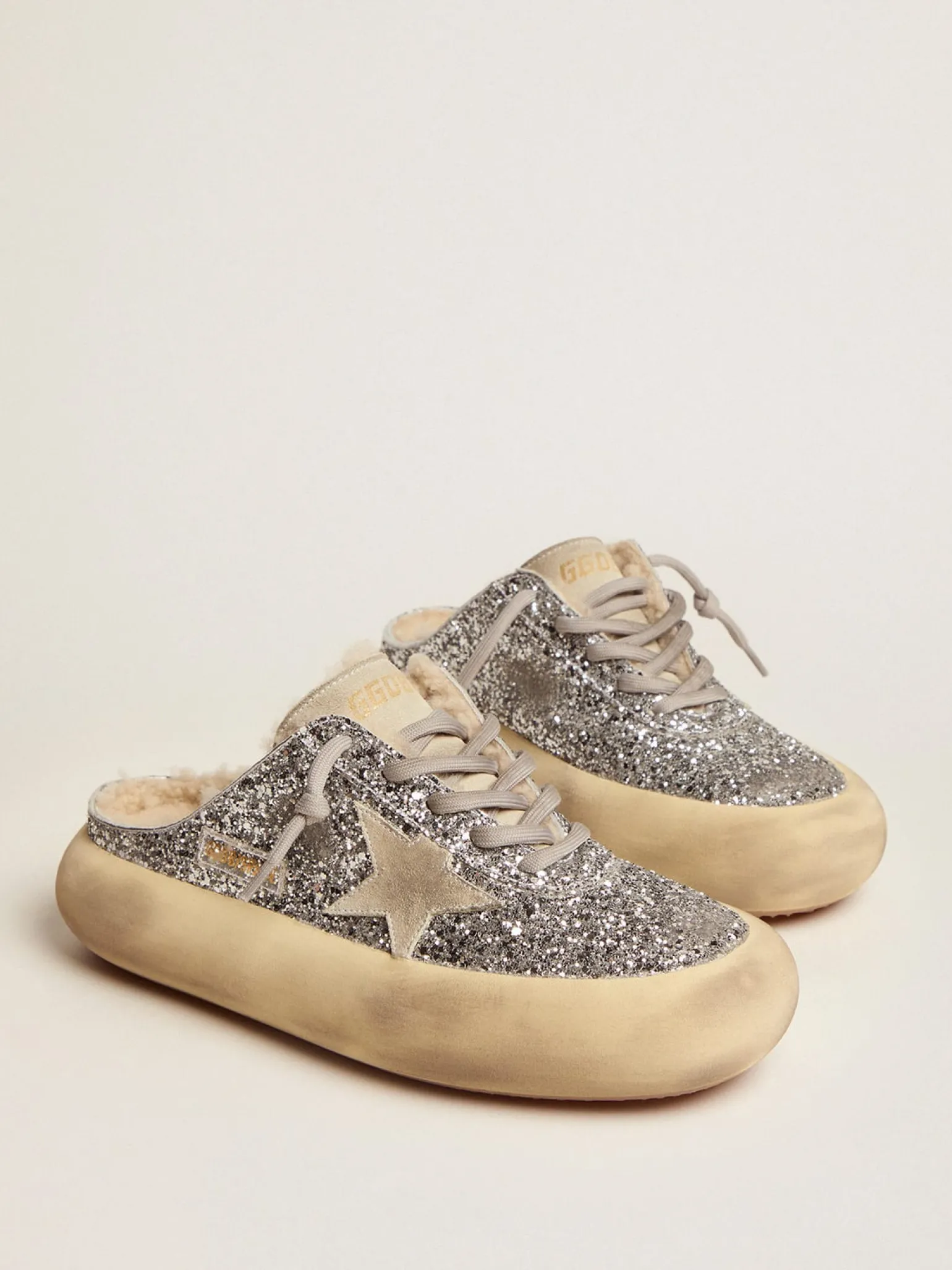 Fashion Mule Space-Star feminino em glitter prateado e forro de shearling MULHER Space-Star