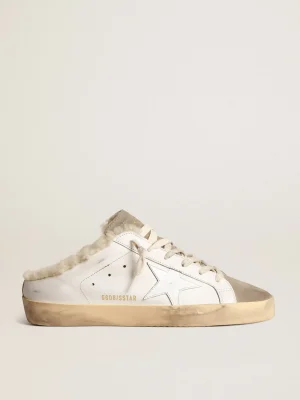 Store Mule Super-Star com estrela de couro branco e forro de shearling MULHER Super-Star Sabot