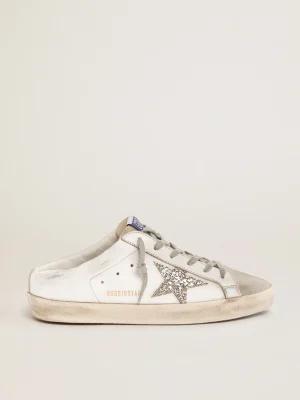 New Mule Super-Star de couro branco e suede cinza com estrela de glitter prateado MULHER Super-Star Sabot