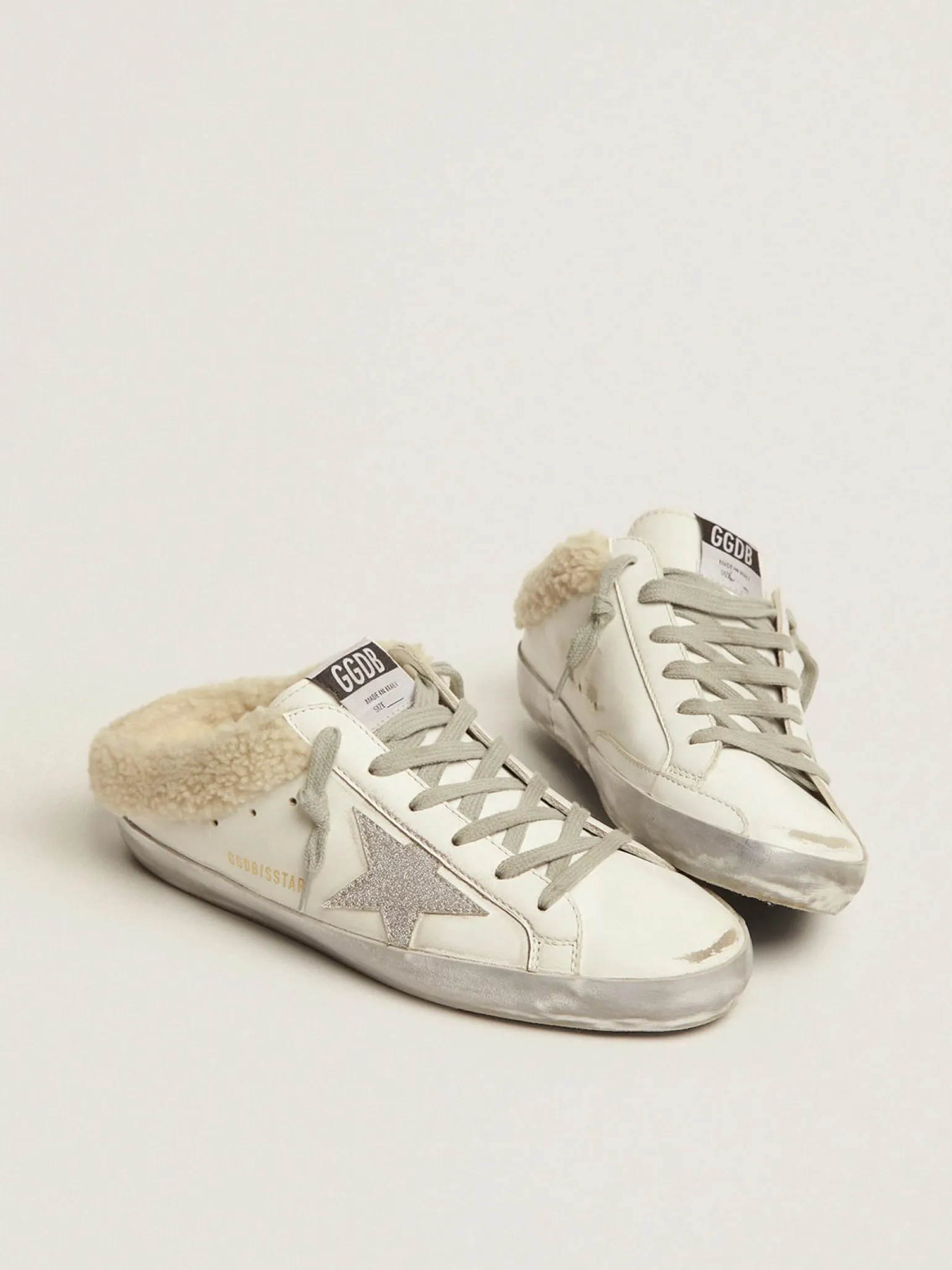 Sale Mule Super-Star de couro branco e forro de shearling MULHER Super-Star Sabot