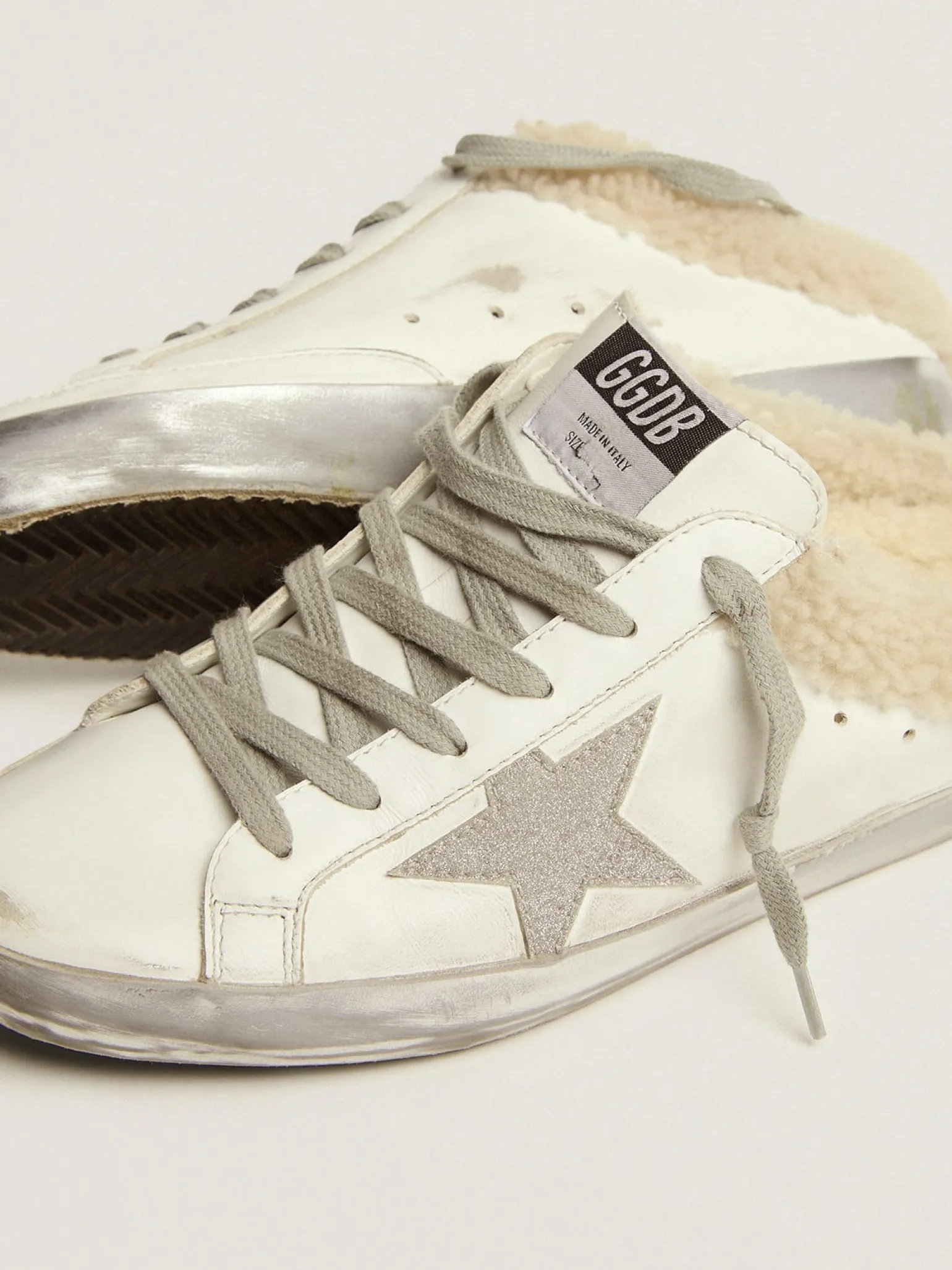 Sale Mule Super-Star de couro branco e forro de shearling MULHER Super-Star Sabot