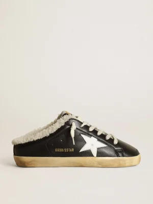 New Mule Super-Star de napa preta com estrela de couro branco e forro de shearling bege MULHER Super-Star Sabot