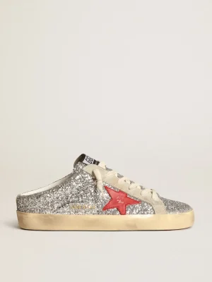 Flash Sale Mule Super-Star feminino em glitter prateado com estrela de couro vermelho MULHER Super-Star Sabot