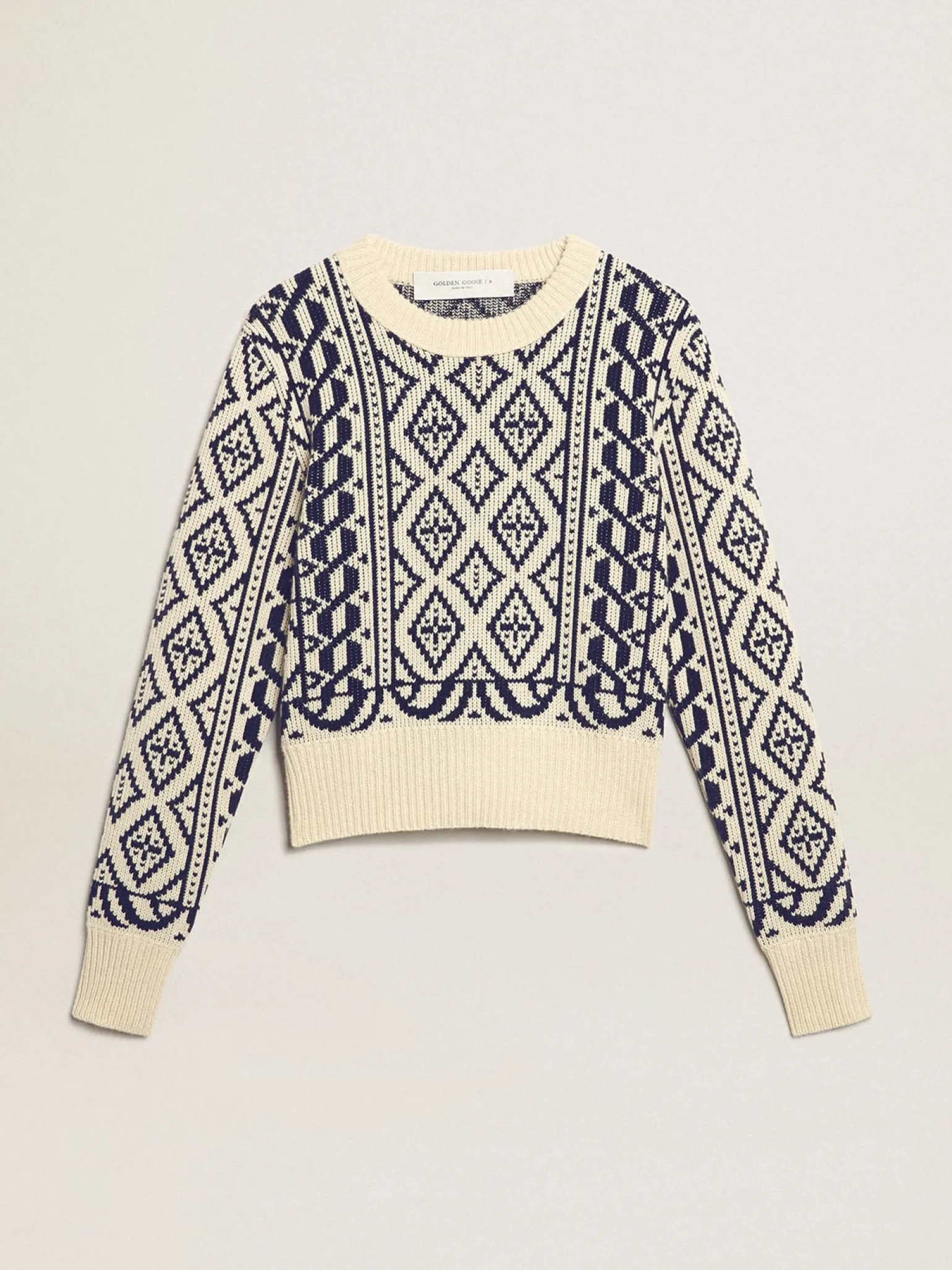Shop Pulôver cropped gola redonda, estampas geométricas pergaminho e azul MULHER Malhas