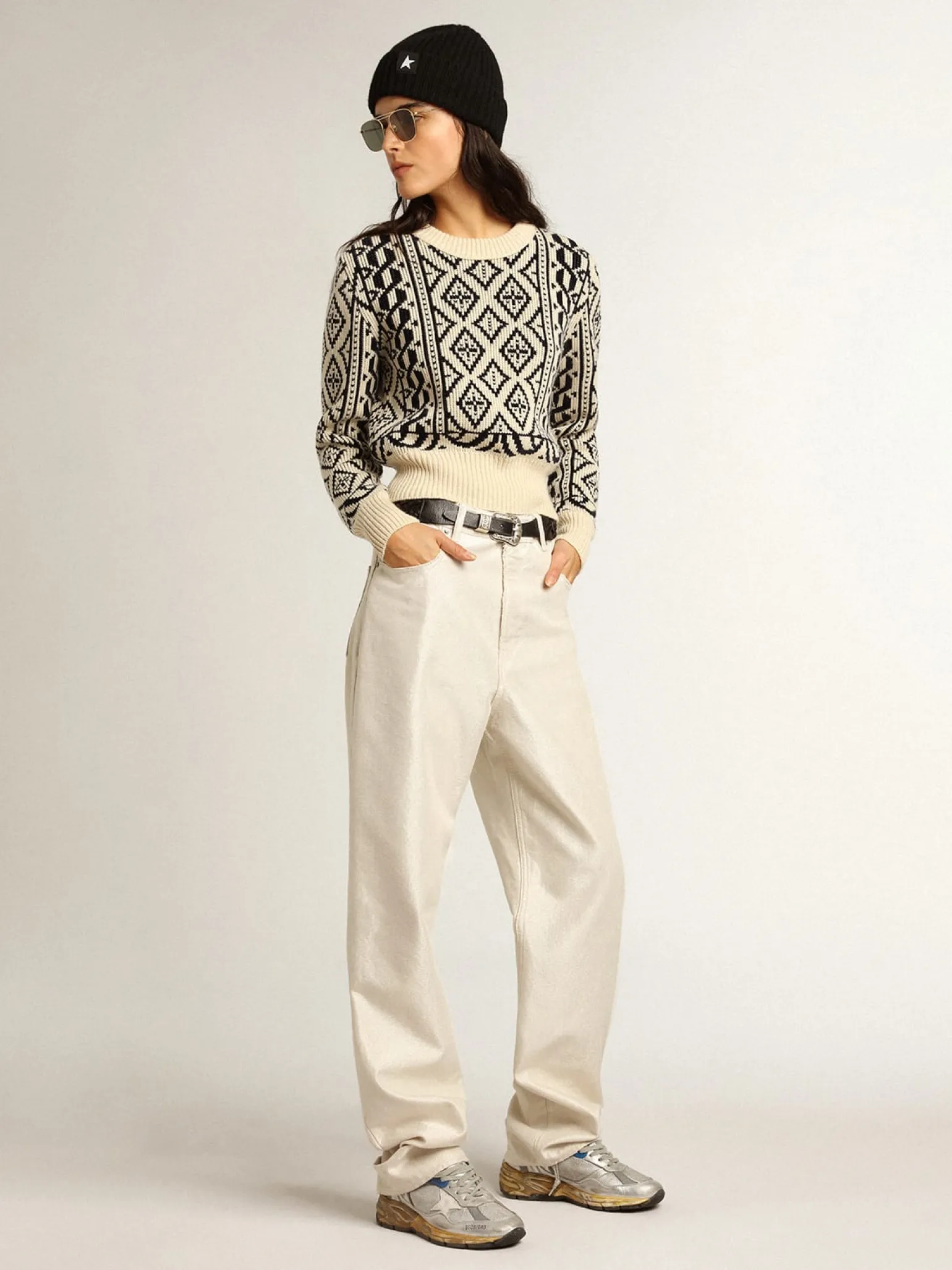 Shop Pulôver cropped gola redonda, estampas geométricas pergaminho e azul MULHER Malhas