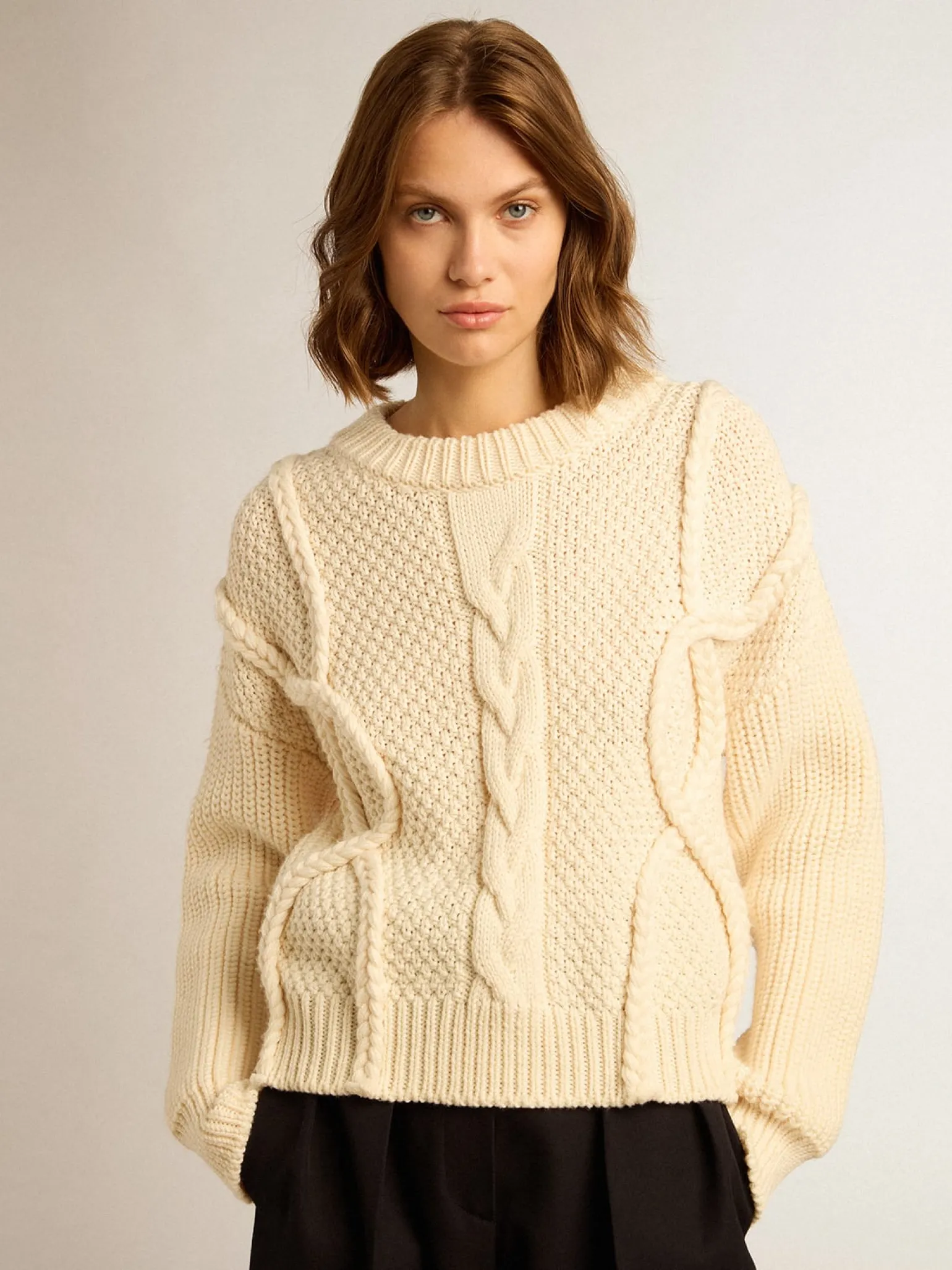 Best Sale Pulôver feminino de gola redonda de lã com padrão entrelaçado MULHER Malhas